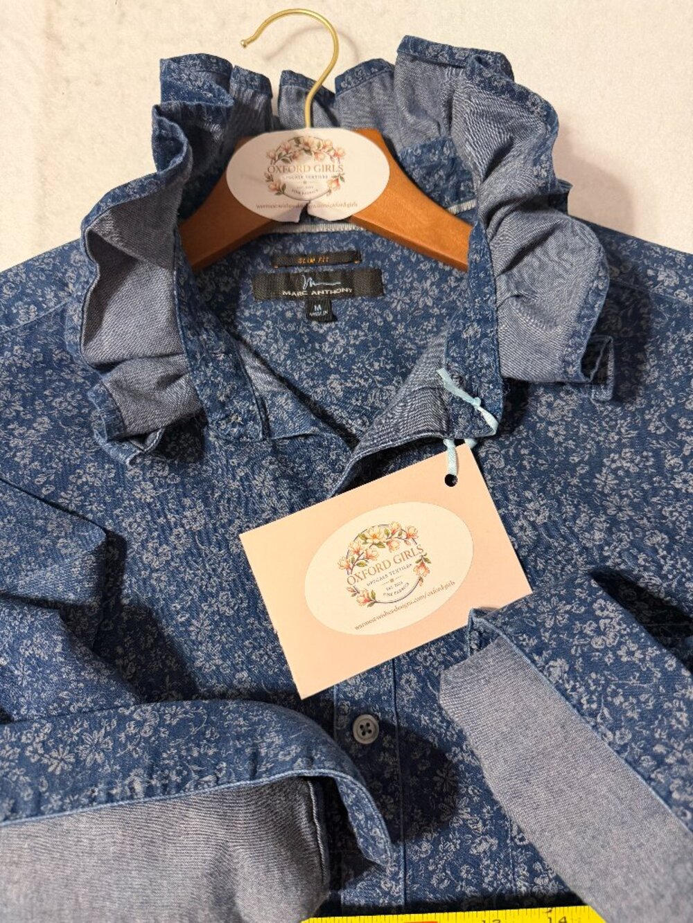 Upcycled Mark Anthony denim floral print/ Ruffle Neck Blouse | Women's L